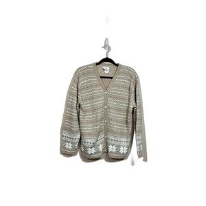 VTG Womens Snowflake Fair Isle Cardigan M Beige Christmas Holiday Winter Shimmer